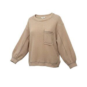 Umgee Womens Oversized‎ Waffle Knit Sweater Top Beige w/ Taupe Contrast Trim M